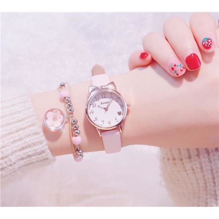 Set de regalo para relojes de niña: reloj con pulsera de flores y gato, reloj de cuarzo de cuero, regalo blanco y rosa para niñas.