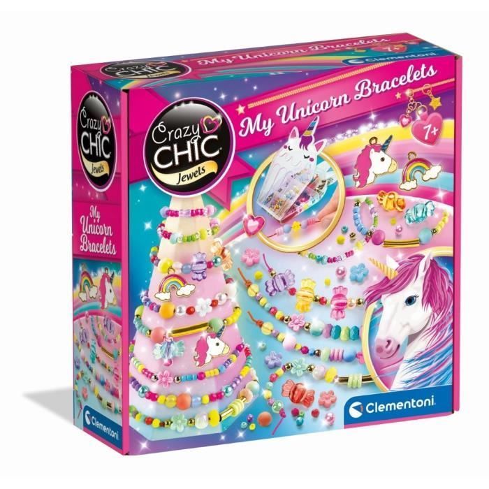 Clementoni - Crazy Chic - Kit Creativo Unicornio - Crea tus propias pulseras de cuentas coloridas con dijes y pompones - Para mayores de 7 años
