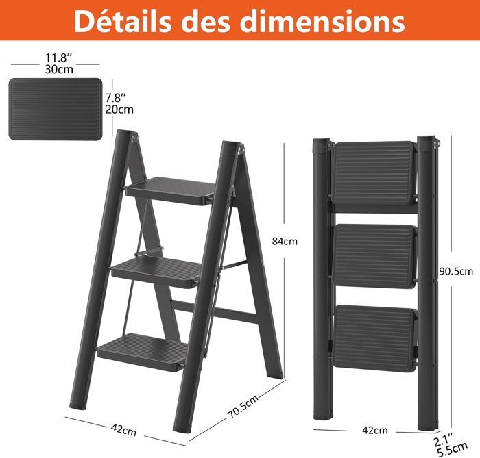 Escalera plegable de 3 peldaños con almohadillas de goma antideslizantes, capacidad de carga de 150 kg, color negro.