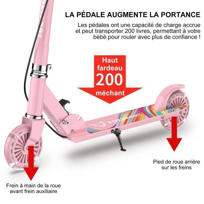 Monopattino per bambini - FOXSPORT - Pieghevole - Manubrio regolabile su 3 livelli - Freno a pedale - Portata massima 100 kg - Rosa