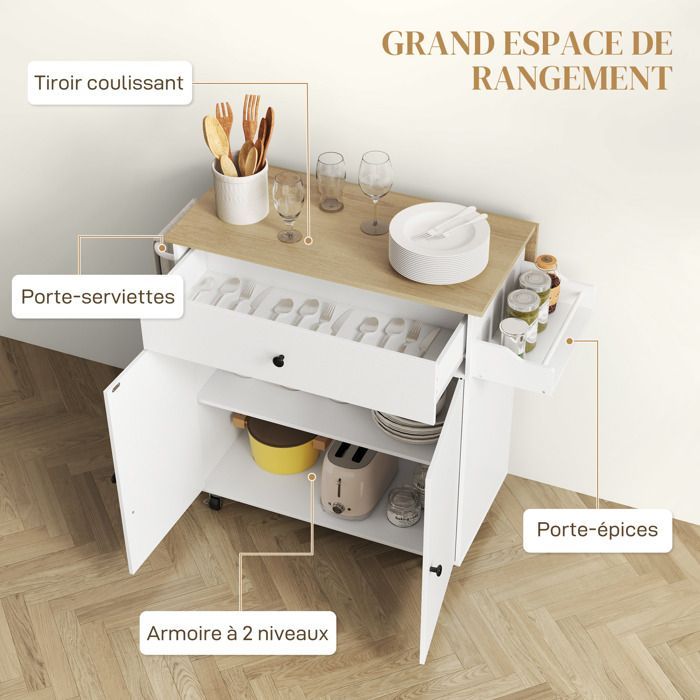Carrito de cocina con ruedas - HOMCOM - cajón, estante ajustable, especiero y toallero - blanco