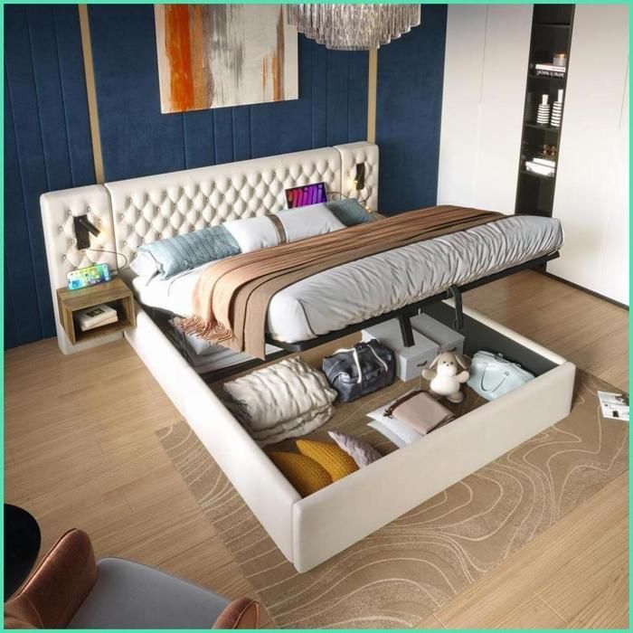 Set completo per camera da letto - Letto contenitore idraulico 160x200 cm + 2 comodini + lampade USB - Velluto beige