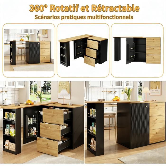 Ilha de cozinha - GENÉRICA - Bistrô Moderno - Rotação 360° - Extensível de 138 a 204 cm - 3 gavetas e prateleiras