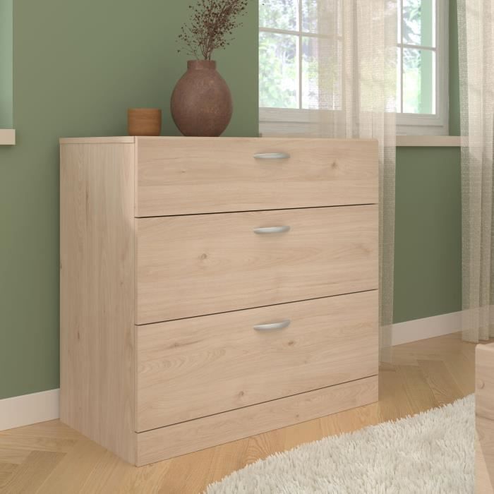 Chambre complète adulte VARIA - Lit 140x190/200 + 2 chevets + 1 commode + 1 armoire avec miroir - Décor Chêne - PARISOT