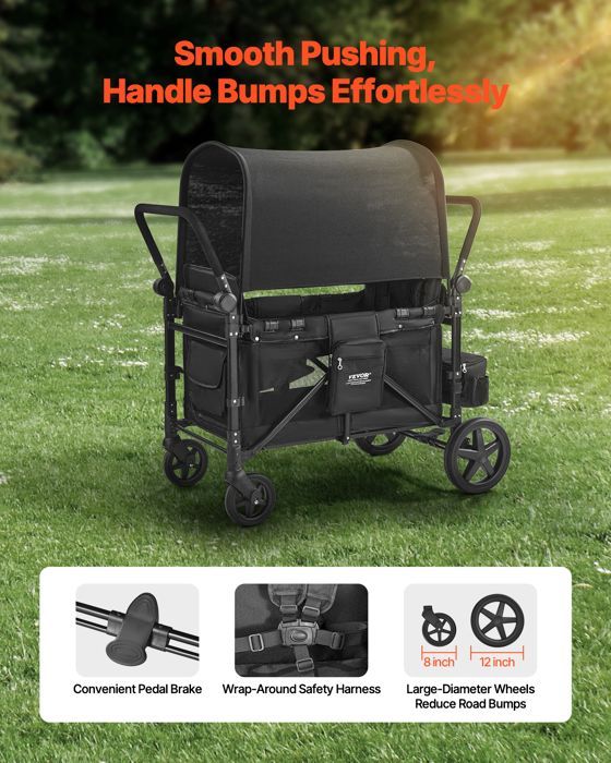 Carrito de transporte infantil VEVOR - Capacidad de carga de 150 kg - con manillar ajustable - Cochecito de camping de 4 plazas - Negro