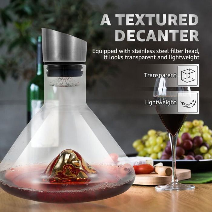 Decanter per vino con aeratore - Virex® - Vetro cristallo - 1500 ml - Acciaio inox - Beccuccio antigoccia