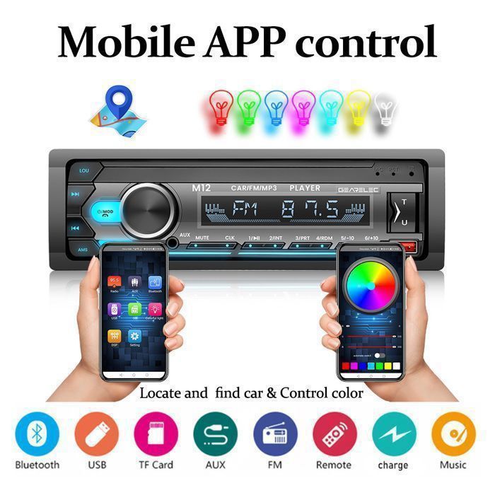 Bluetooth-Autoradio, Bluetooth-Autoradio-Einheit unterstützt USB/AUX/SD/TF/MP3, 7-farbige Beleuchtung, 4x60W 1 DIN Autoradio