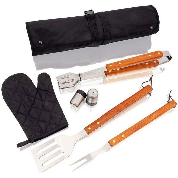 Tablier avec accessoires barbecue. Ensemble de 7 ustensiles de barbecue: tablier et gant matelassé en nylon