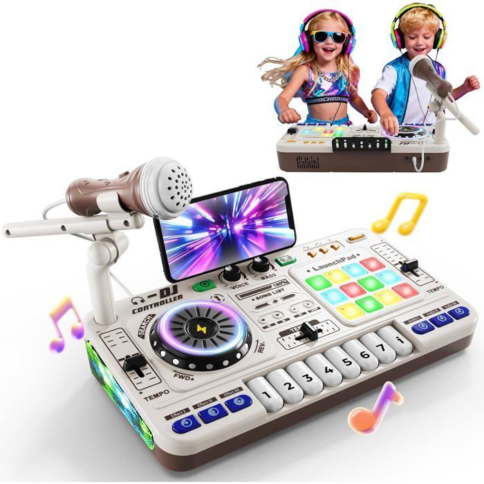 Mixer per DJ per bambini dai 3 ai 10 anni con microfono, oltre 100 effetti sonori, giocattolo musicale con luci, bianco.