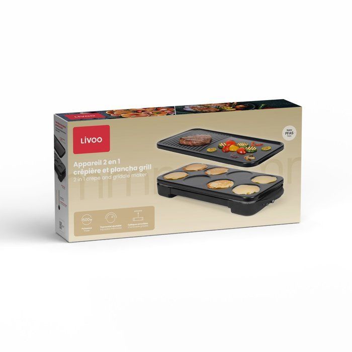Piastra per crêpe e griglia 2 in 1 - LIVOO - DOC349N - 1500 W - Prepara 8 mini crêpe (diametro 11,5 cm) - Senza PFAS - Nero