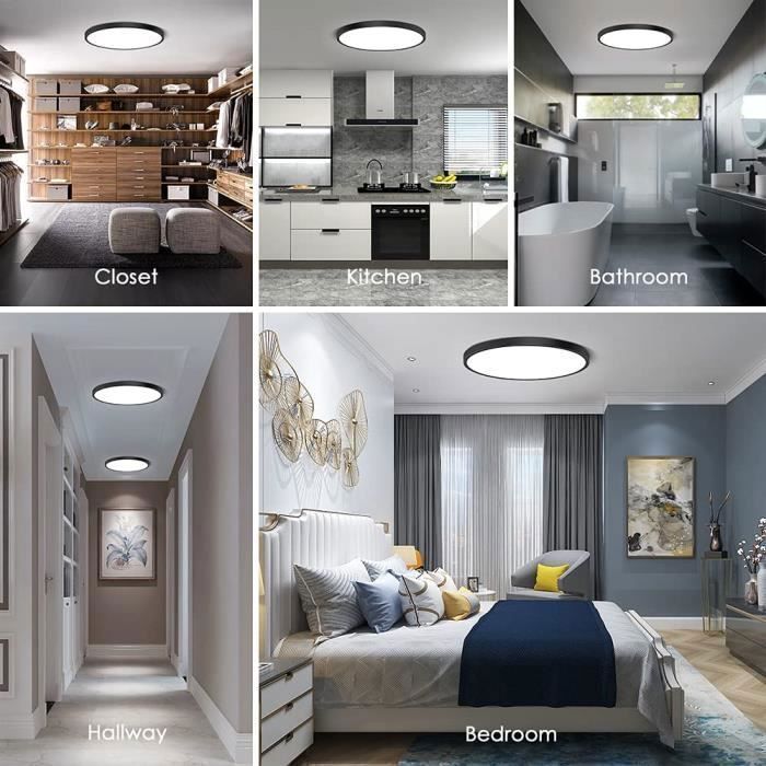 DORLINK Plafonnier LED IP50 Rond Noir 30x30cm – Luminaire Moderne Imperméable pour Salle de Bain, Chambre, Cuisine, Salon