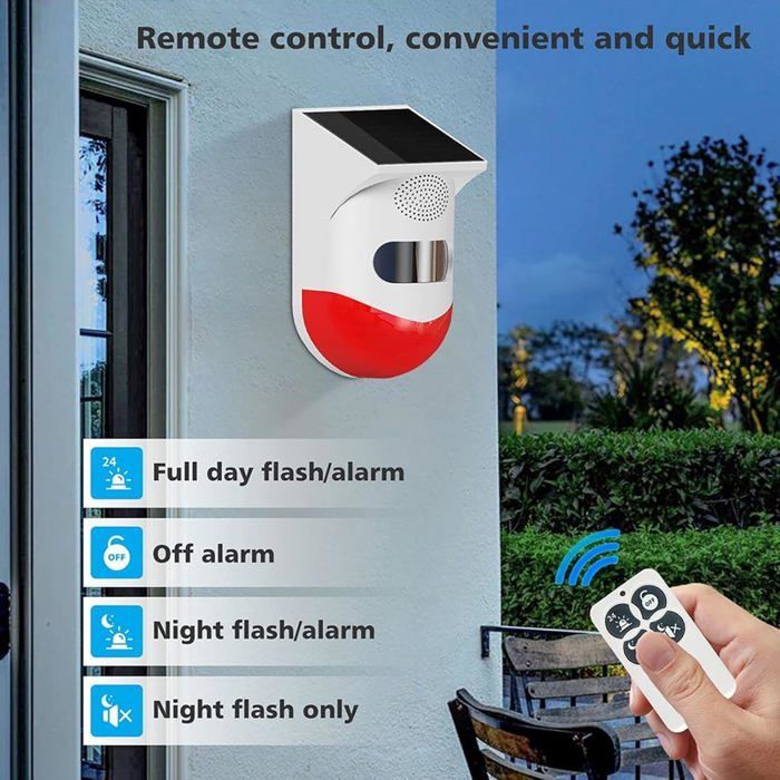 Alarma estroboscópica - Alimentación solar - 120 dB - Detector de movimiento - Resistencia al agua IP67 - 4 modos