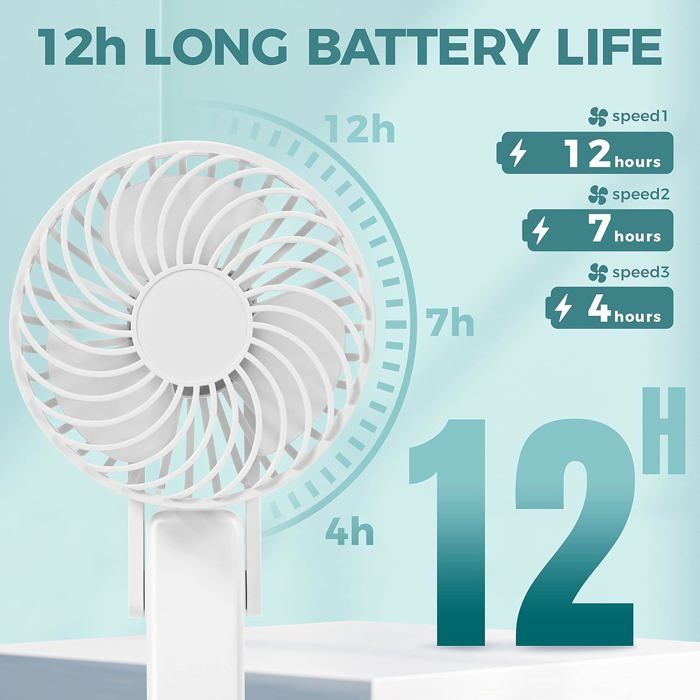 Draagbare ventilator, oplaadbaar via USB, 12 uur batterijduur, mini stille draagbare ventilator, kleine ventilator