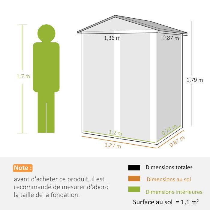 Abri de jardin - Outsunny - 1,2 m² - porte coulissante verrouillable et gants - acier galvanisé - 136 x 87 x 179 cm - gris foncé