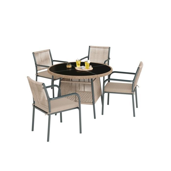 Conjunto de muebles de jardín de 5 piezas en resina tejida gris, mesa redonda de cristal templado y 4 sillones con cojines.