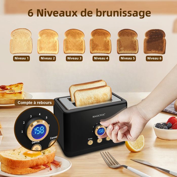 Torradeira digital MAGICFOX, 2 ranhuras extralargas, 3 funções pré-programadas, ejeção automática, torrada clássica - 840 W - Preta