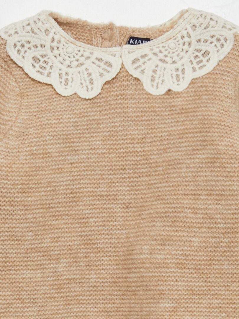 Ainaoikeinneulottu neulepusero kuviollisella kauluksella - BEIGE