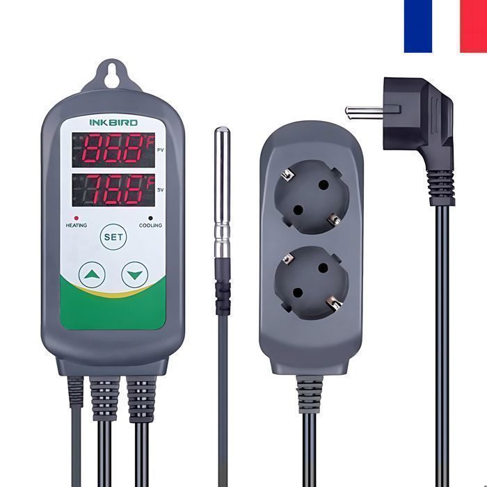 Termostato digital enchufable INKBIRD ITC-308 con 2 relés, 220 V y sonda; regulador de temperatura para refrigeración y calefacción en invernaderos.