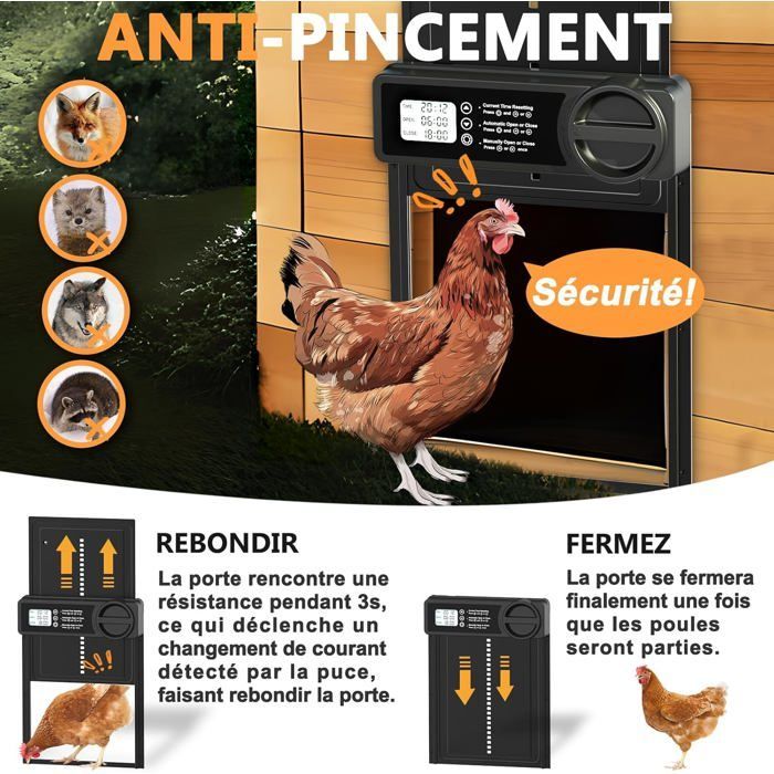 Puerta automática para gallinero ODIPIE con temporizador de mañana/noche, sistema antipinzamiento, aleación de aluminio. Accesorios para robot de limpieza.