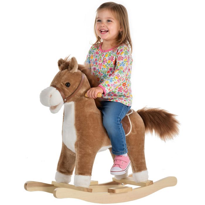 Caballo balancín - HOMCOM - silla de montar extra cómoda, suave y de felpa corta, madera de álamo, juguete infantil - madera - 65x32,5x61cm - marrón