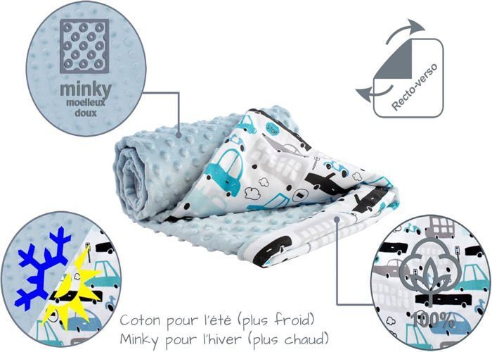 Manta dupla face Medi Partners 100% algodão para bebê, 75x100cm, para carrinho de bebê (Estampas de carros e tecido minky azul claro)