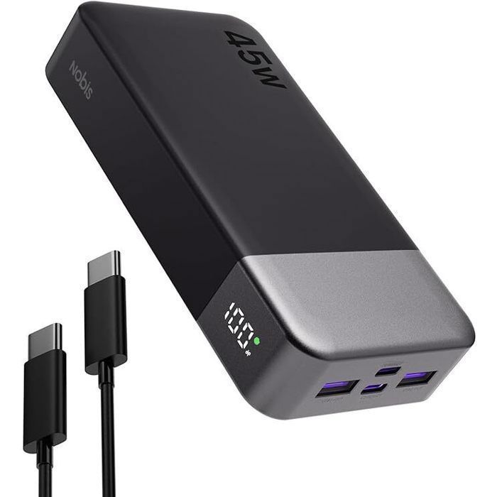 Nobis 20000mAh 45W externe batterij, powerbank met 4 poorten, snelladen, digitaal led-display, compatibel met MacBook en telefoons, zwart