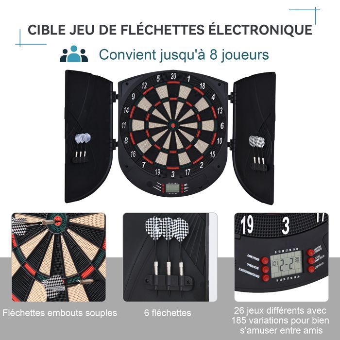 Elektronisch dartbord - HOMCOM - opvouwbaar, 26 spellen, 8 spelers, LCD-display - kunststof - zwart