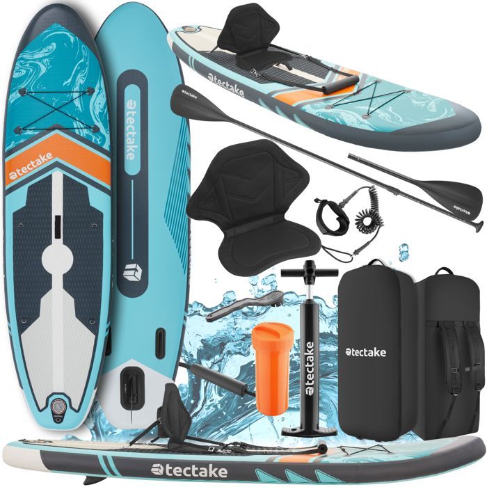 Planche de stand-up - TECTAKE - Paddle 2 en 1 gonflable kit complet en Drop-Stitch, 3 ailerons - turquoise orange