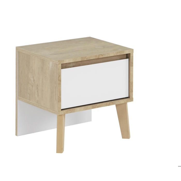 Mesita de noche con 1 cajón, frontal blanco - acabado natural Ancho: 42 Alto: 41 Profundidad: 36 - Decoración marrón - Larvik - Gami