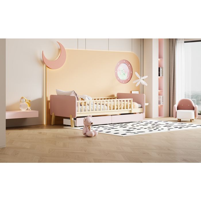 Lit enfant 90x190 en bois massif avec sommier à lattes et 2 tiroirs – Rose