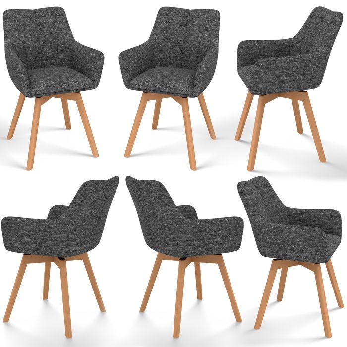 WAFTING Lot de 6 chaises pivotantes 360°,accoudoirs et pieds bois, dossier haut avec coussin en molleton. Gris Foncé.