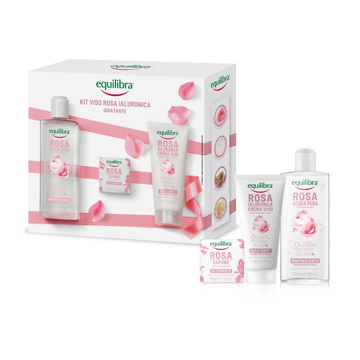 Equilibra gezichtsverzorgingsset: Equilibra Hyaluronic Pink Hydrating Pure Refreshing Water 200 ml + Reinigingszeep 50 g + Hydraterende gezichtscrème 75 ml