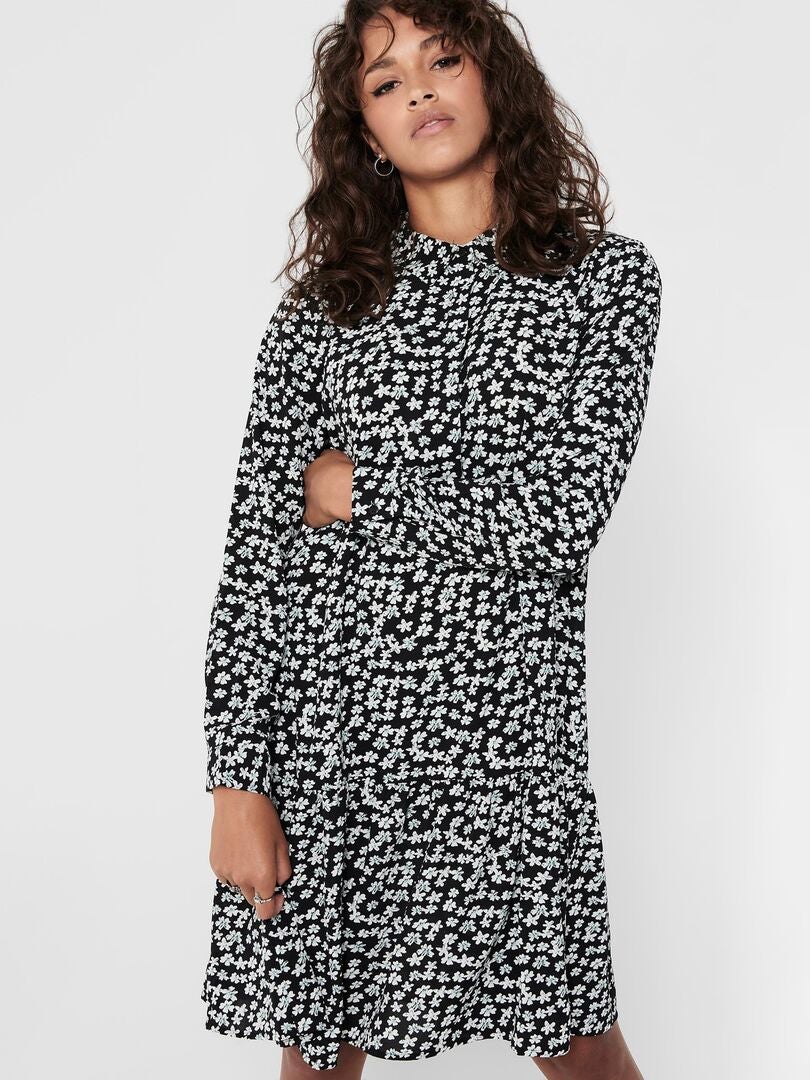 Vestido curto tipo camisa com estampa floral 'JDY' - PRETO