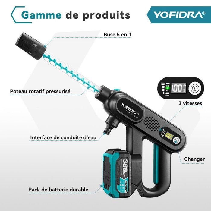 Lavadora de alta pressão - YOFIDRA - 5 em 1 - Sem fio - 100 BAR - 3 velocidades - 2 baterias de 2Ah