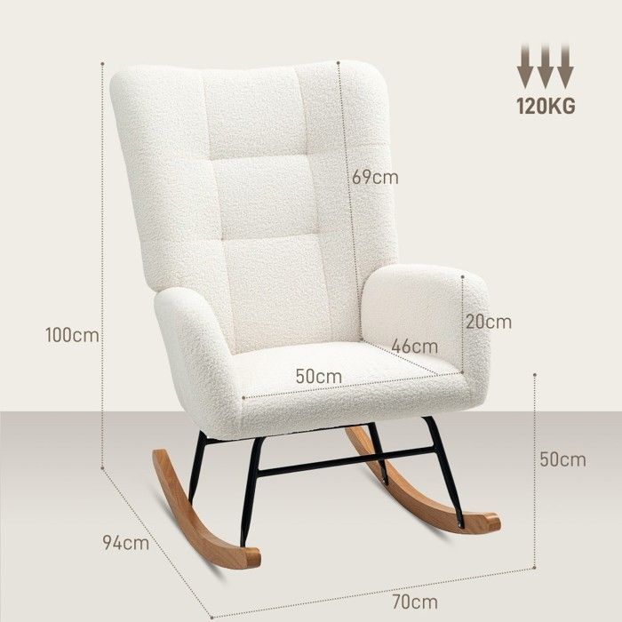 Fauteuil à bascule velours teddy avec accoudoirs - relax pivotant bois - fauteuil d'allaitement crème pour salon/chambre