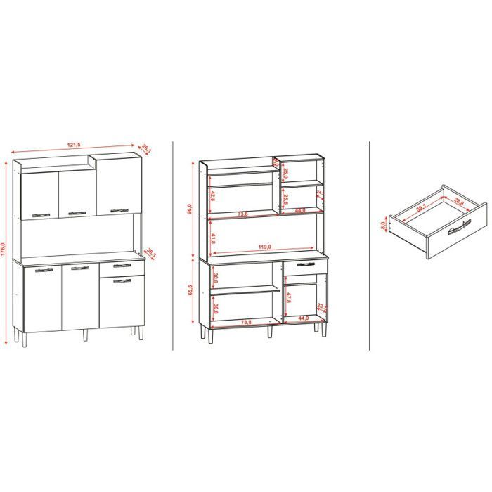 Aparador de cocina GENOVA - Roble y efecto gris - 6 puertas - 1 cajón - Ancho 121,5 x Alto 176 cm