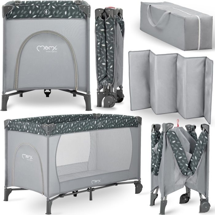 MoMi BELOVE – Lit Parapluie Bébé Pliant – Matelas + Sac de Transport – Accès Latéral – 2 Roulettes – Gris