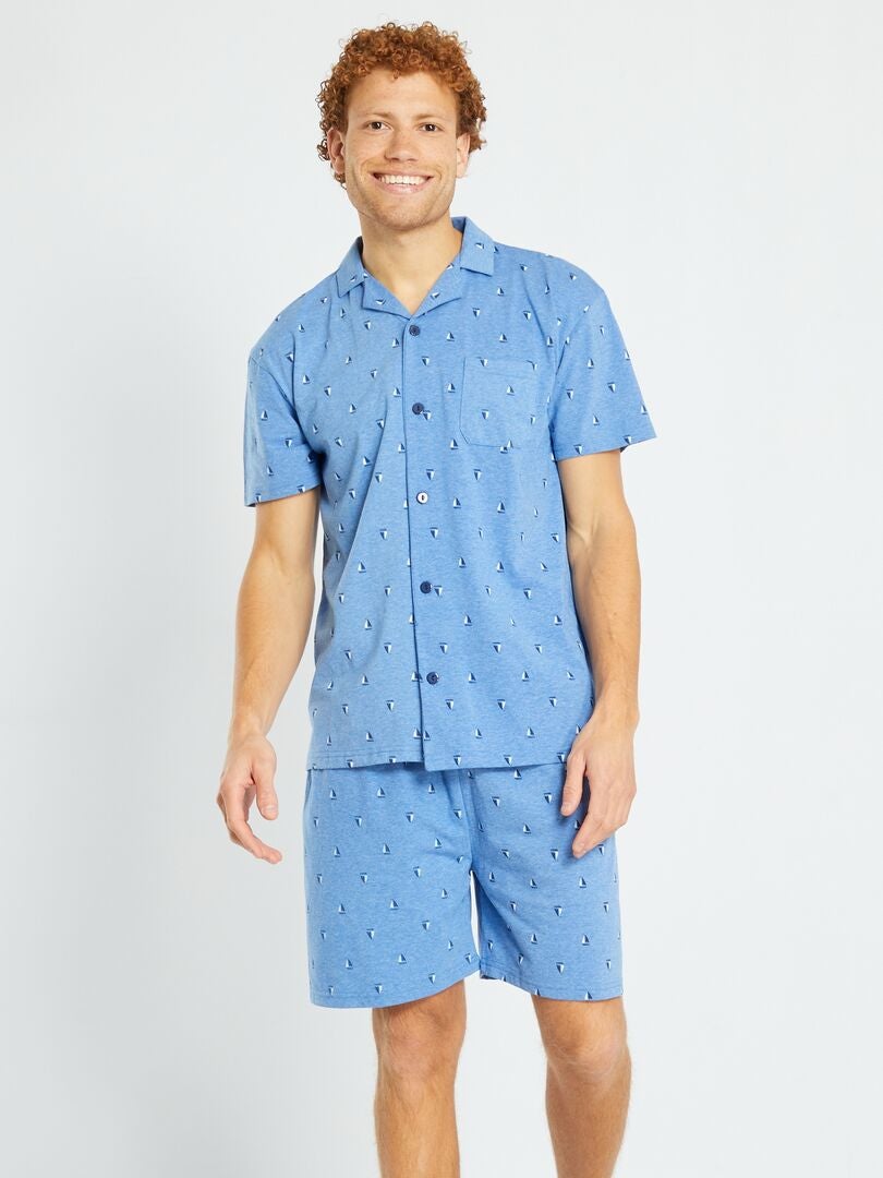 Pijama curto com abertura por botões - 2 peças - AZUL