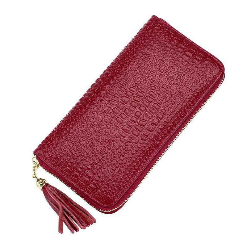 Portefeuille femme en cuir véritable effet crocodile, pochette longue, porte-cartes zippé