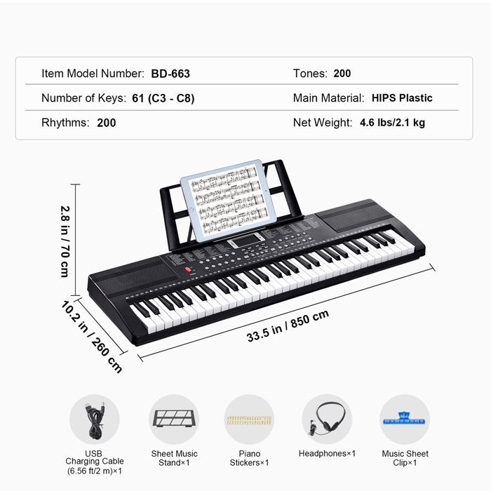 Tastiera digitale a 61 tasti - Duoku - Offre 200 suoni e 200 ritmi - Portatile - Include 60 brani dimostrativi