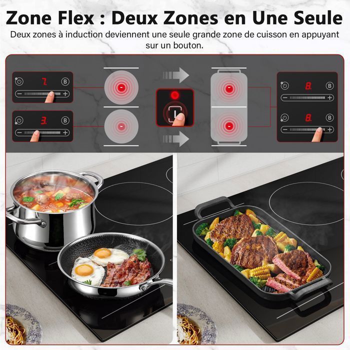 Piano cottura a induzione, piano cottura a incasso, 5 zone flessibili, 9 livelli di potenza, funzione Boost, timer, spegnimento automatico, 9700 W, 77 cm