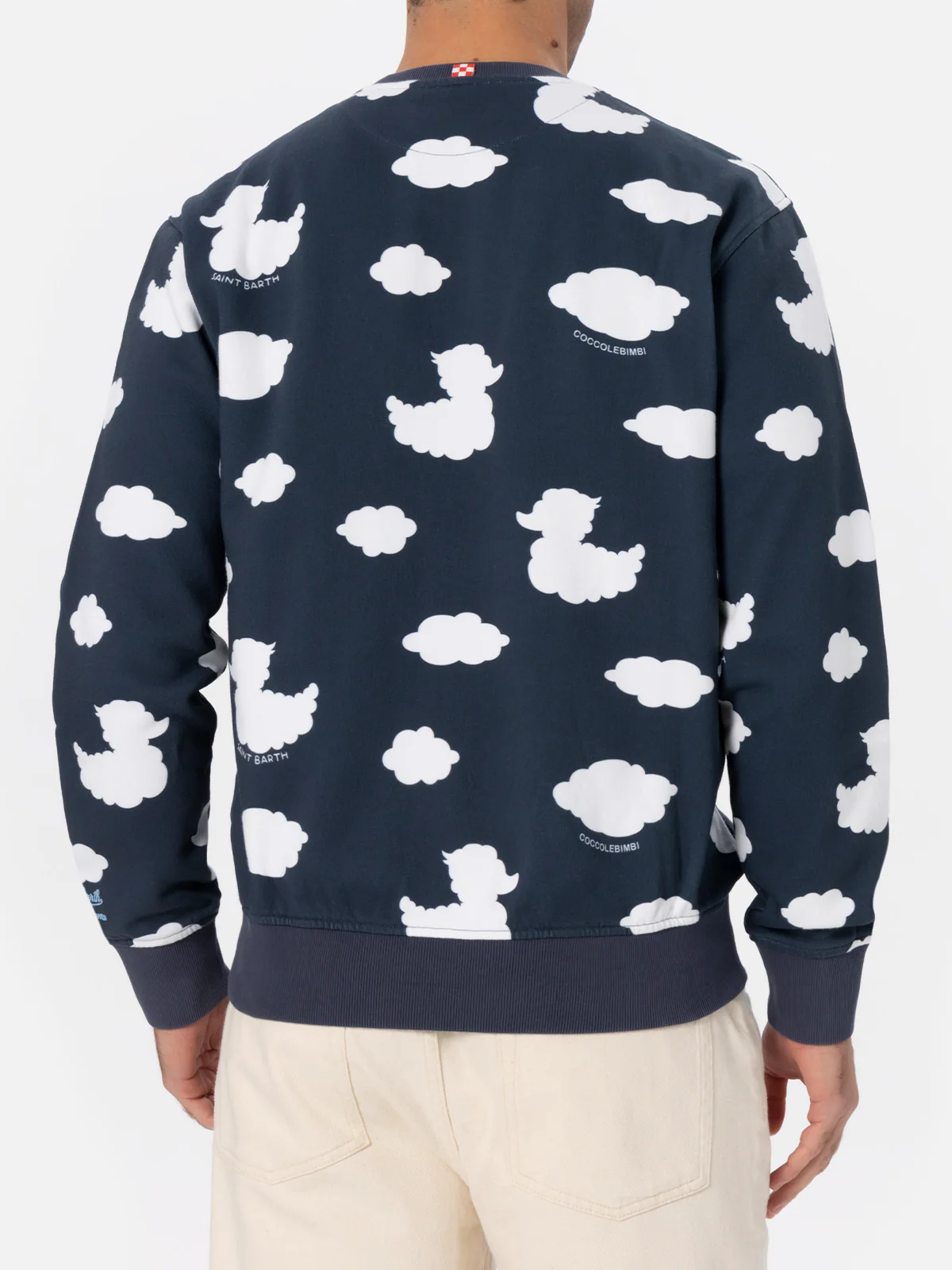Blauwe sweater met ronde hals en geborduurde tekst 