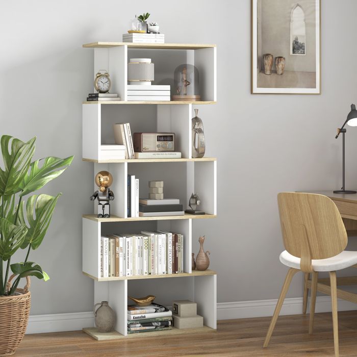 Boekenkast - HOMCOM - Anti-kantelkast met 5 planken - Draagvermogen 25 kg - 70x29,5x163 cm - Witte houtlook