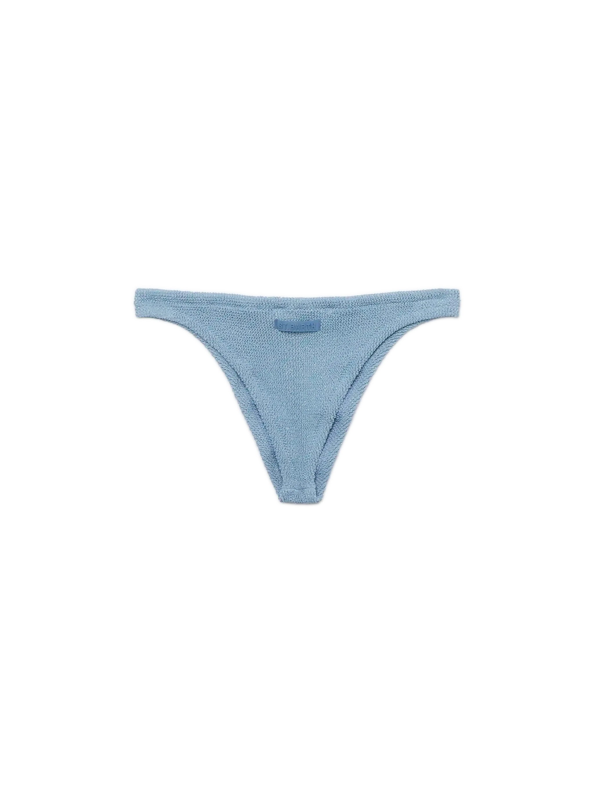 Braguita de baño Naomi de estilo atrevido en lúrex arrugado azul avio.