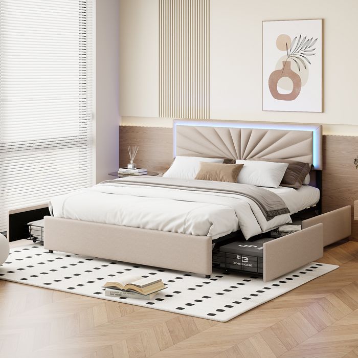 Lit double 160 x 200 cm avec LED et 4 tiroirs, lit capitonné avec tête de lit réglable, sommier à lattes, tissu en lin, beige