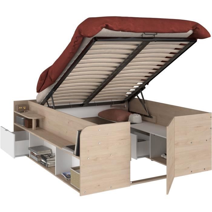 Cama con almacenamiento para adultos ODYSSEE - 140x190/200 cm - Con compartimento de almacenamiento elevable - Acabado en roble y blanco - 168,3x66,5x209,5 cm