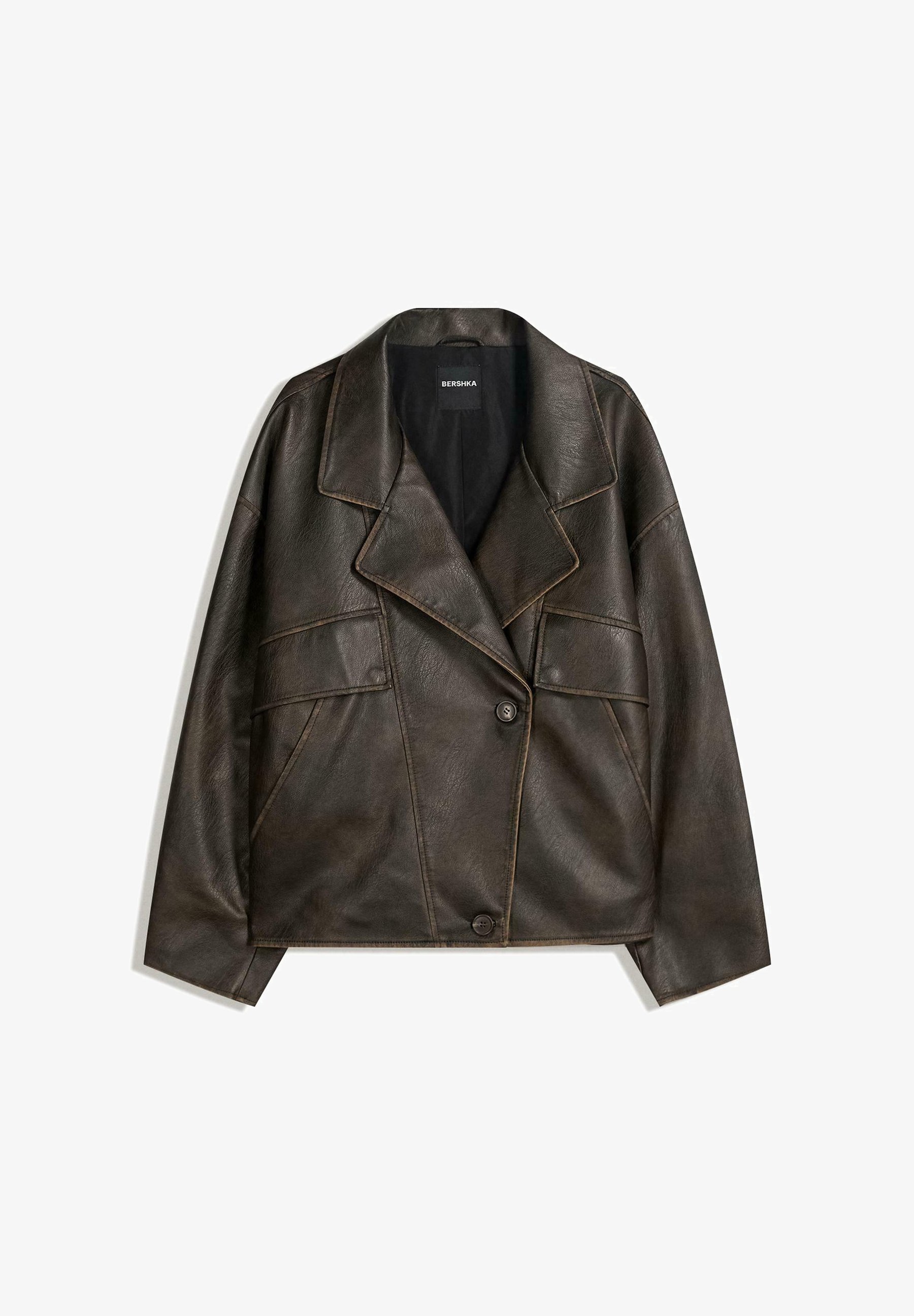 Bershka-effect met reverskraag - Kunstleren jas - donkerbruin