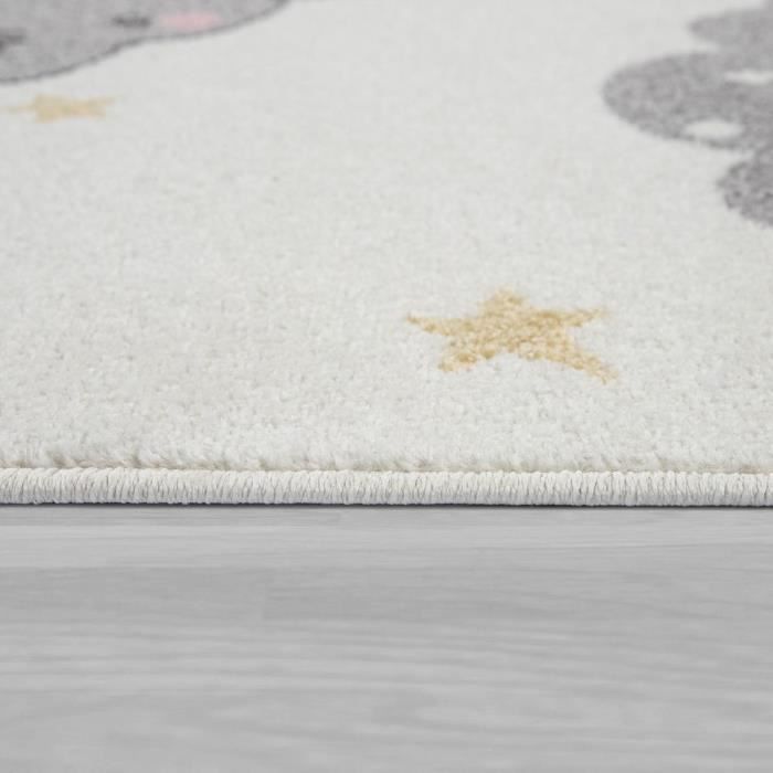 Alfombra infantil de pelo corto para habitación infantil, con estampado de elefante, oso, globo aerostático y luna, color beige [80x150 cm]