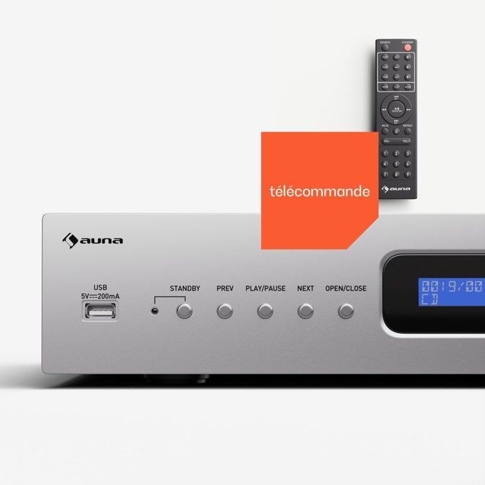 Lecteur CD Hifi Auna - Lecture CD-R/RW MP3 - Télécommande - Port USB - Chaîne HiFi Argent