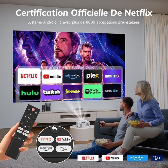 Projetor 4K compatível [Certificado pela Netflix], Projetor inteligente com Wi-Fi e Bluetooth 5.2, 26000 lúmens, projetor de vídeo 1080p